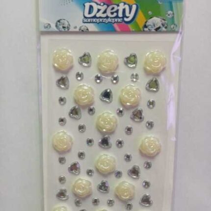 Dżety samoprzylepne kolor biały/srebrny serca i różyczki DSK6 55 szt*4196*