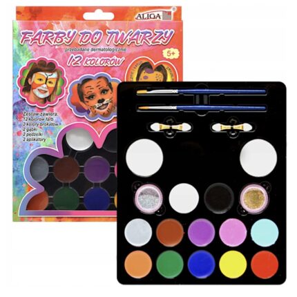 Farby do malowania twarzy i ciała 12 kolorów, 2 brokaty, 2 gąbki, 2 aplikatory, 2 pędzelki FA012*303
