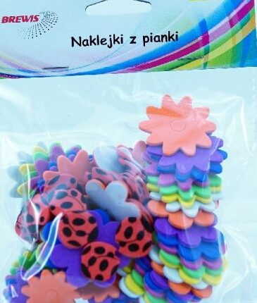 Naklejki z pianki 60szt kwiatki, biedronki. Mix kolorów