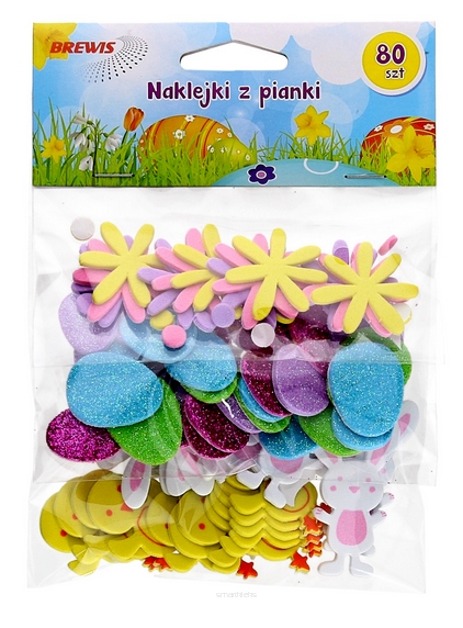 Naklejki z pianki z brokatem 80szt ozdoby świąteczne kurczaczki, zajączki, jajka, kwiatki. Mix kolor