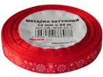 Wstążka satynowa z motywem świątecznym śnieżynki czerwona WSX12-7 rozmiar: 12 mm x 22m *6077*