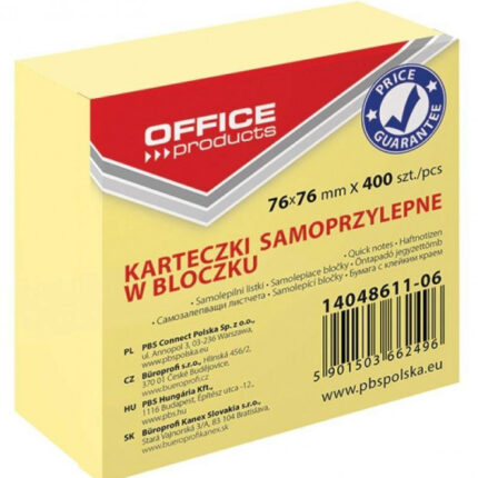 Notes samprzylepny żółty 75x75mm 400 kartek OFFICE PRODUCTS pastelowe jasnożółte*5804*2496*