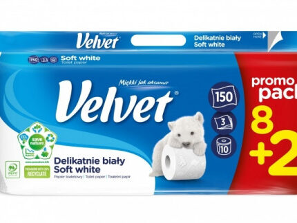 PAPIER TOALETOWY CELULOZOWY VELVET DELIKATNIE BIAŁY, 3-WARSTWOWY, 150 LISTKI, 8+2SZT., BIAŁY *5117*