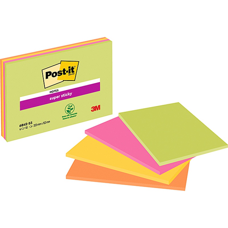 317052-25175-karteczki_samoprzylepne_post_it_super_sticky_-800w Karteczki samoprzylepne POST-IT® Super Sticky (6845-SSP), 203x152mm, 4x45kart., mix kolorów - obrazek 1