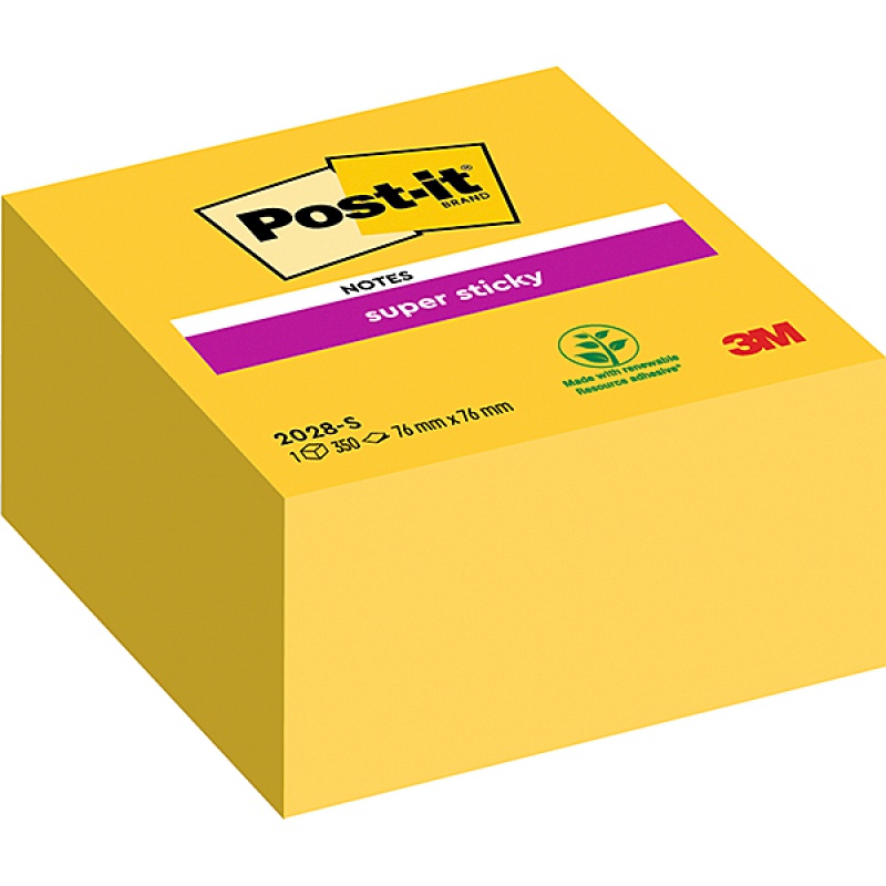 317072-19900-kostka_samoprzylepna_post_it_super_sticky_202-800w Kostka samoprzylepna POST-IT® Super Sticky (2028-S), 76x76mm, 1x350 kart., ultra żółta - obrazek 1
