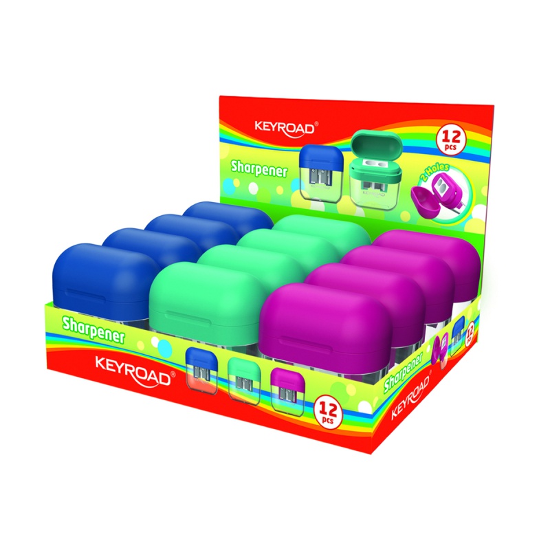 319317-349495-temperowka_plastikowa_keyroad_podwojna_z_poj-800w Temperówka plastikowa KEYROAD, podwójna, z pojemnikiem, display, mix kolorów - obrazek 1