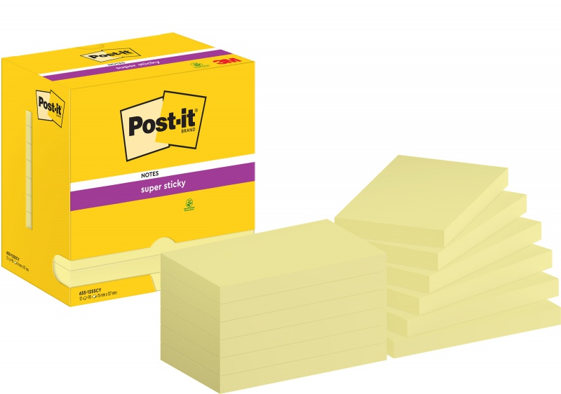 329136-349232-karteczki_samoprzylepne_post_it_super_sticky-800w Karteczki samoprzylepne POST-IT® Super Sticky (655-S), 127x76mm, 12x90 kartek, jaskrawo żółte - obrazek 1