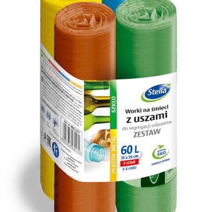 Worki z uszami STELLA, do segregacji odpadów, zestaw, 60l, 4x8 szt., mix