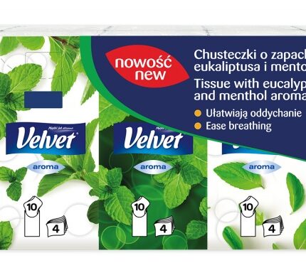 Chusteczki higieniczne VELVET, Eukaliptus i mentol, 4-warstwowe, 10x10szt., białe