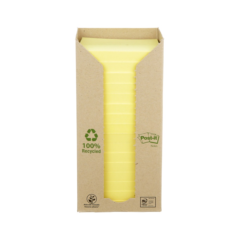 365984-258272-bloczek_samoprzylepny_ekologiczny_post_it_65-800w Karteczki samoprzylepne POST-IT® Recycled Notes (654-1T), 76x76mm, 16x100 kart., żółty - obrazek 1