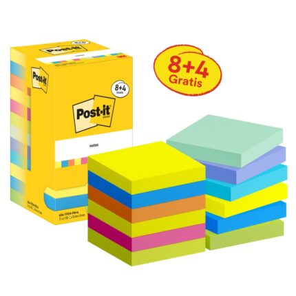 Karteczki samoprzylepne POST-IT® Energetic, 76x76mm, 8x100 kart.+4x100 kart. gratis, mix kolorów