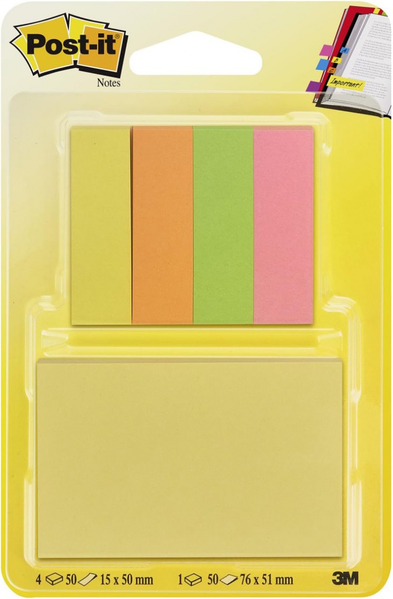 402928-412294-karteczki_samoprzylepne_post_it_76x51mm_50_k-800w Karteczki samoprzylepne POST-IT®, 76x51mm, 50 karteczek + 4x50 zakładek indeksujących, zawieszka, mix kolorów - obrazek 1