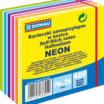 Kostka samoprzylepna DONAU, 76x76mm, neon, 1x400 kart., mix kolorów