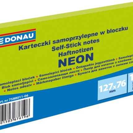 Bloczek samoprzylepny DONAU, 127x76mm, 1x100 kart., neon, zielony