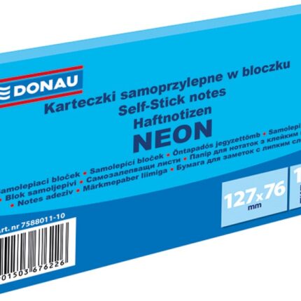 Bloczek samoprzylepny DONAU, 127x76mm, 1x100 kart., neon, niebieski