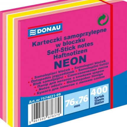 Kostka samoprzylepna DONAU, 76x76mm, 1x400 kart., neon-pastel, mix różowy
