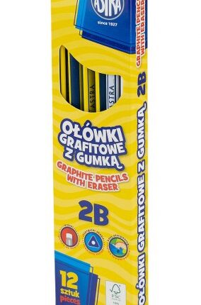 Ołówki grafitowe trójkątne 2B z gumką ASTRA - 12 szt. box