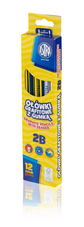 Ołówki grafitowe trójkątne 2B z gumką ASTRA - 12 szt. box Ołówki grafitowe trójkątne 2B z gumką ASTRA - 12 szt. box - obrazek 1