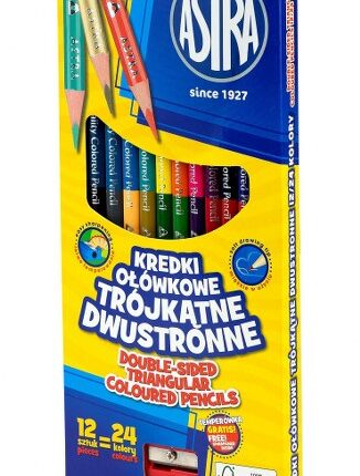 Kredki ołówkowe trójkątne dwustronne ASTRA - 12=24 kolory z temperówką