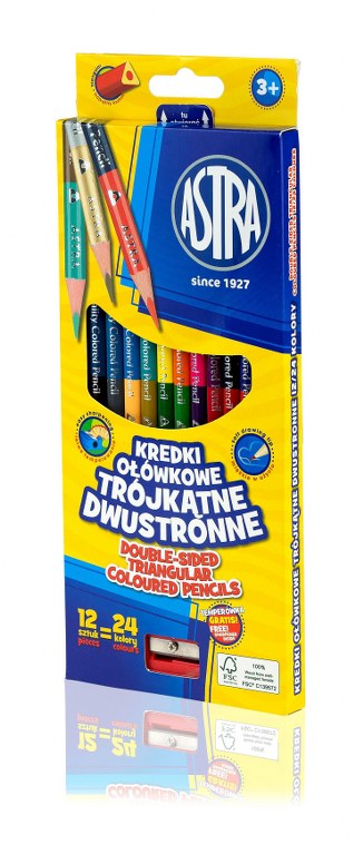 Kredki ołówkowe trójkątne dwustronne ASTRA - 12=24 kolory z temperówką Kredki ołówkowe trójkątne dwustronne ASTRA - 12=24 kolory z temperówką - obrazek 1