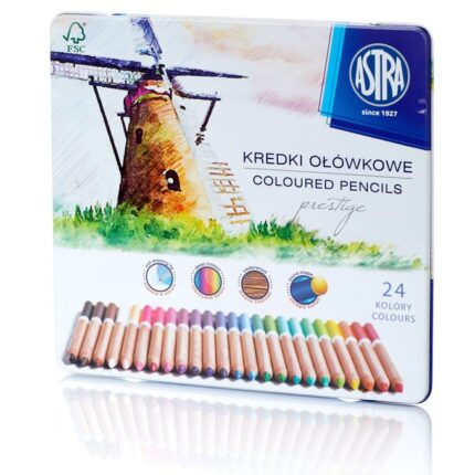 Kredki ołówkowe z drewna cedrowego okrągłe w metalowym pudełku ASTRA PRESTIGE 24 kolory