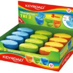 Temperówka KEYROAD Tris, plastikowa, potrójna, z pojemnikiem, pakowane na displayu, mix kolorów (opakowanie 12 szt.)