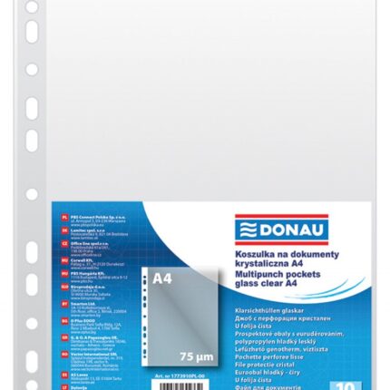 Koszulki na dokumenty DONAU, PP, A4, krystal, 75mikr., 10szt.