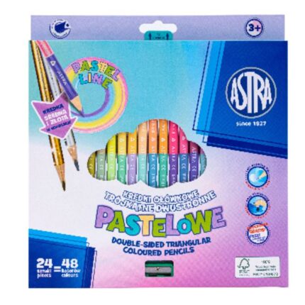 Kredki ołówkowe trójkątne dwustronne pastelowe ASTRA PASTEL LINE - 24=48 kolorów z temperówką, złoto-srebrna kredka w komplecie