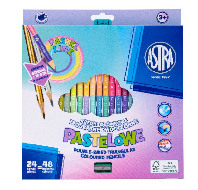 Kredki ołówkowe trójkątne dwustronne pastelowe ASTRA PASTEL LINE - 24=48 kolorów z temperówką, złoto-srebrna kredka w komplecie Kredki ołówkowe trójkątne dwustronne pastelowe ASTRA PASTEL LINE - 24=48 kolorów z temperówką, złoto-srebrna kredka w komplecie - obrazek 1