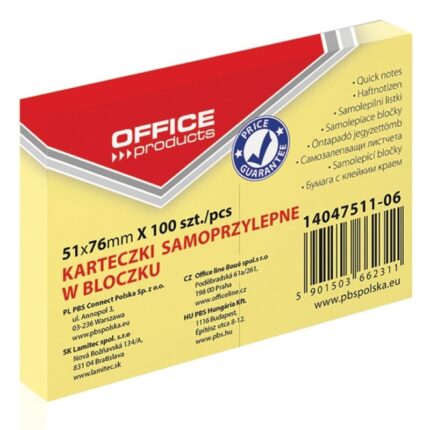 Bloczek samoprzylepny OFFICE PRODUCTS, 51x76mm, 1x100 kart., pastel, jasnożółty (opakowanie 12 szt.)