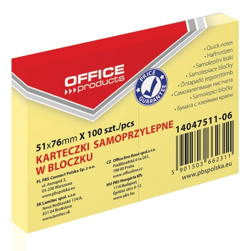 14047511-06 Bloczek samoprzylepny OFFICE PRODUCTS, 51x76mm, 1x100 kart., pastel, jasnożółty (opakowanie 12 szt.) - obrazek 1