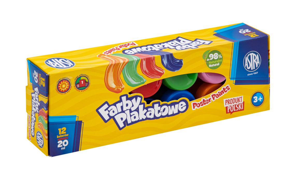 Farby plakatowe Astra 12 kol x 20 ml STANDARD BOX Farby plakatowe Astra 12 kol x 20 ml STANDARD BOX - obrazek 1