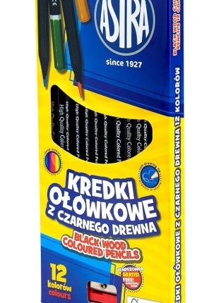 Kredki ołówkowe heksagonalne z czarnego drewna ASTRA - 12 kolorów z temperówką