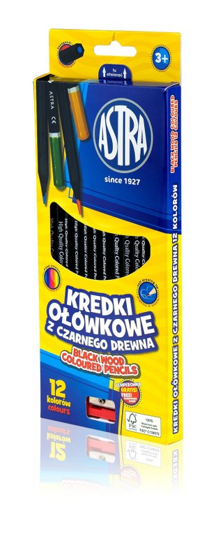 Kredki ołówkowe heksagonalne z czarnego drewna ASTRA - 12 kolorów z temperówką Kredki ołówkowe heksagonalne z czarnego drewna ASTRA - 12 kolorów z temperówką - obrazek 1