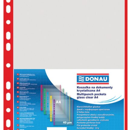 Koszulki na dokumenty DONAU, PP, A4, krystal, 40mikr., kolorowy brzeg - czerwony, 100szt.