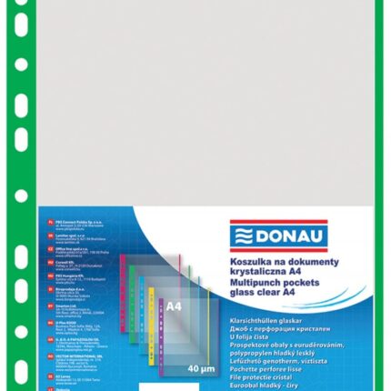 Koszulki na dokumenty DONAU, PP, A4, krystal, 40mikr., kolorowy brzeg - zielony, 100szt.