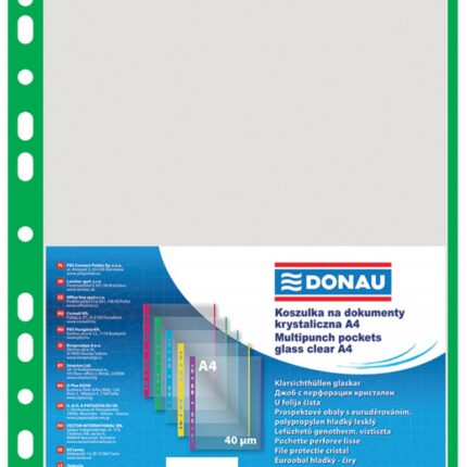 Koszulki na dokumenty DONAU, PP, A4, krystal, 40mikr., kolorowy brzeg - zielony, 100szt.