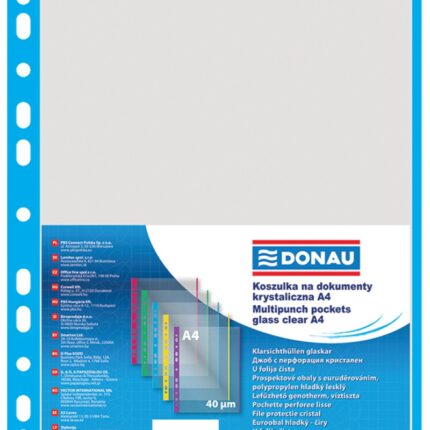 Koszulki na dokumenty DONAU, PP, A4, krystal, 40mikr., kolorowy brzeg - niebieski, 100szt.