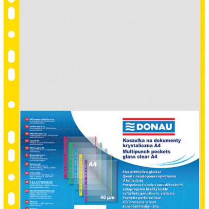 Koszulki na dokumenty DONAU, PP, A4, krystal, 40mikr., kolorowy brzeg - żółty, 100szt.