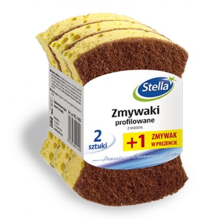 Zmywaki profilowane STELLA, z miedzią, 2 szt. + 1 gratis, żółta pianka, brązowa fibra