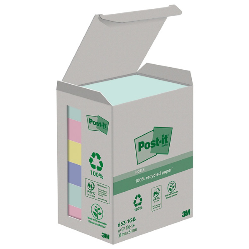 296198-323210-ekologiczne_karteczki_samoprzylepne_post_it_-800w Karteczki samoprzylepne POST-IT® Recycled Notes, 38x51mm, 6x100 kart., pastelowe mix - obrazek 1
