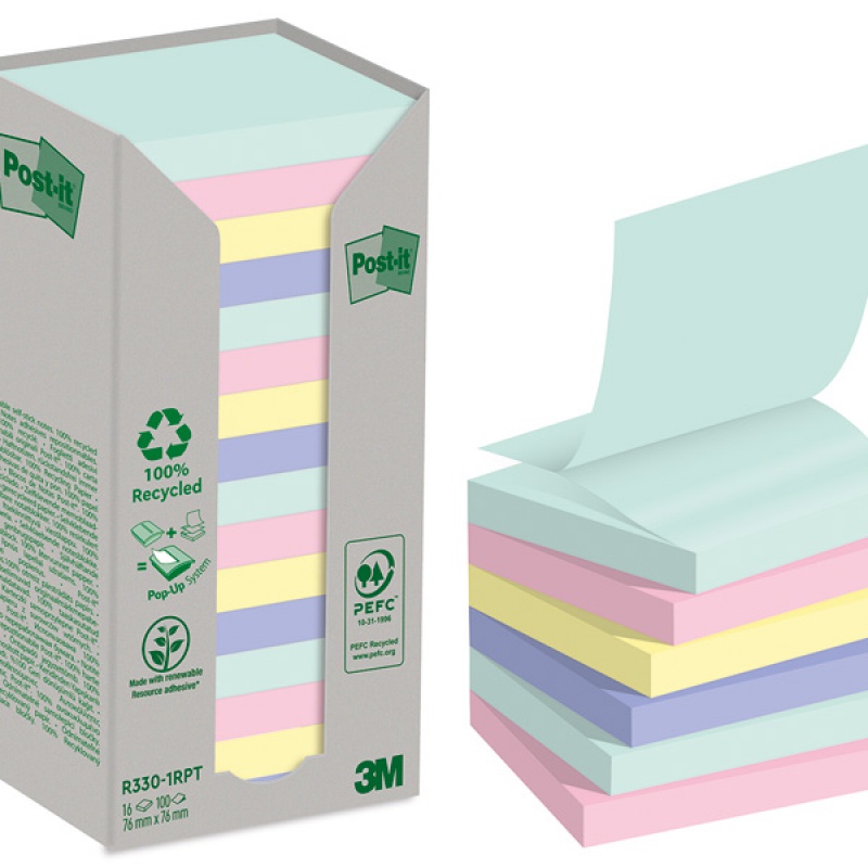 296233-323214-ekologiczne_karteczki_samoprzylepne_post_it_-800w Karteczki samoprzylepne POST-IT® Recycled Z-Notes, 76x76mm, 16x100 kart., pastelowe mix - obrazek 1