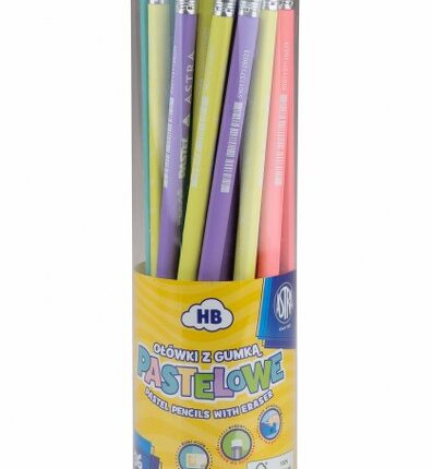 Ołówki grafitowe trójkątne pastelowe HB z miarką i gumką ASTRA PASTEL LINE - 36 szt. drum