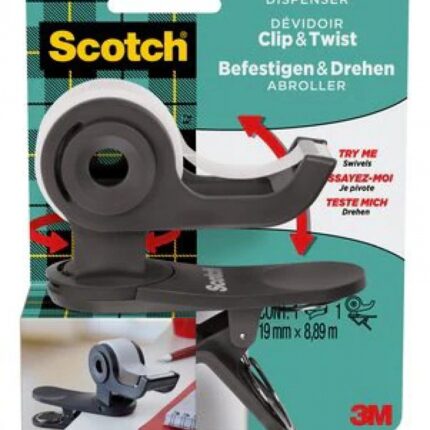 Dyspenser do taśm SCOTCH® Clip&Twist (C-19-CLIP-B), w zestawie taśma Magic, 19mmx8,89m, szary