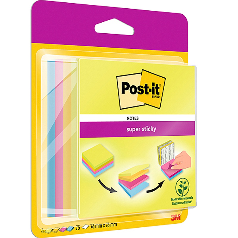 317071-72908-multi_kostka_samoprzylepna_post_it_super_stic-800w Multi kostka samoprzylepna POST-IT® Super Sticky (2014-SC-BYFG),76x76mm, 4x75 kart., mix kolorów - obrazek 1