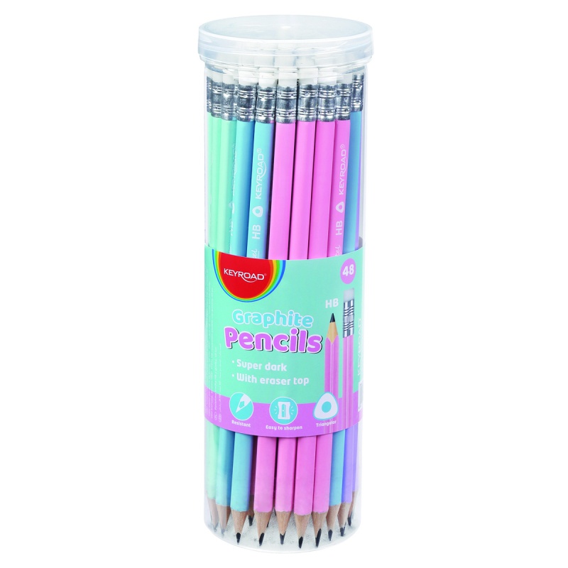 319300-349546-olowek_drewniany_z_gumka_keyroad_hb_trojkatn-800w Ołówek drewniany z gumką KEYROAD, HB, trójkątny, pastel, 48 szt., w tubie - obrazek 1