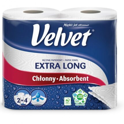 Ręczniki w roli celulozowe VELVET Najdłuższy, 2-warstwowe, 100 listków, 2szt., białe