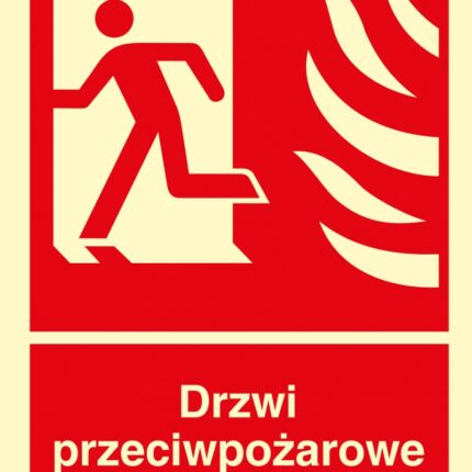Znak TDC, Drzwi przeciwpożarowe. Zamykać! Kierunek drogi ewakuacyjnej w lewo
