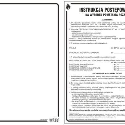 Znak TDC, Instrukcja postępowania w przypadku powstania pożaru