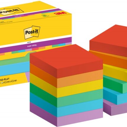 Karteczki samoprzylepne POST-IT Super Sticky, 47,6x47,6mm, 12x90 kart., paleta Playful